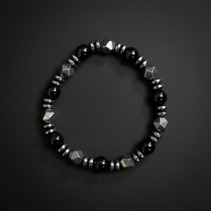 Black Bead and Metal Bracelet